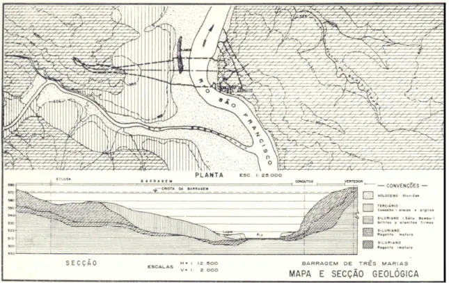 Figura 3.6 - Mapa e seção geológica da barragem de Três Marias (CEMIG, 1960a) 