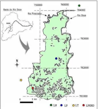 Figura 2.4: Detalhe da bacia do médio rio Doce. Em destaque o Parque Estadual do Rio Doce e a  localização  dos  pontos  de  coleta  dentro  de  suas  dependências  e  em  seu  entorno