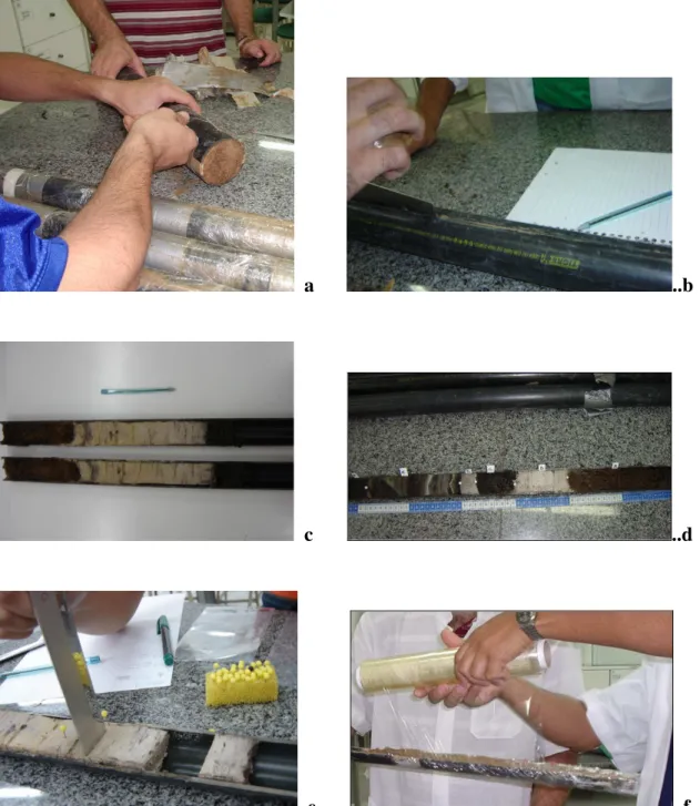 Figura  2.10:  O  procedimento  de  manuseio  dos  amostradores  de  P.V.C.  foi  realizado  sobre  uma  bancada  de  superfície  lisa  (a)  evitando  danificar  o  conteúdo  de  cada  tubo;  procedimento  de  abertura  do  tubo  de  eletroduto  contendo  