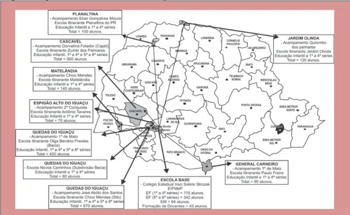 Figura 3. Mapa do Estado do Paraná com a localização das Escolas Itinerantes no ano de 2005 