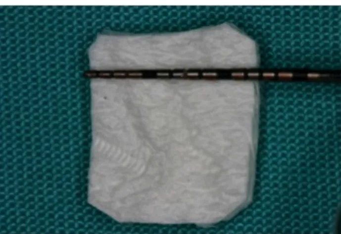 Figura 7- Medição da matriz de colagénio (Mucograft ® ) tridimensional para posterior recorte de acordo  com o tamanho do leito cirúrgico