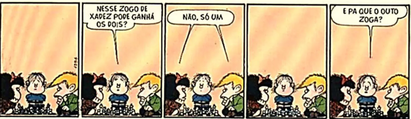 Figura 1: Tirinha em quadrinhos 1594 de Mafalda. Mafalda e Felipe jogando xadrez e Guille, irmão  da Mafalda, observando (QUINO, 2003)