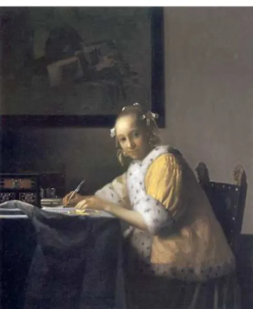 Fig. 8 – Johannes Vermeer, oil painting, 17 ¾ x 15 ¾ in, A Lady Writing – Schrijvend meisje – (Delft, 1665-66)