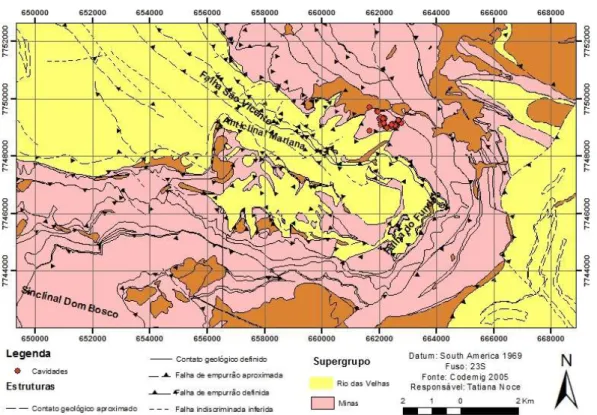 Figura 3.2 – Anticlinal de Mariana com direção NW-SE mostrando a falha do fundão e as cavidades  cadastradas