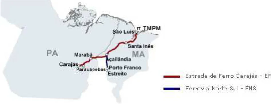 Figura 1.1 – Mapa da malha ferroviária da EFC, NORTE-SUL E CFN.  