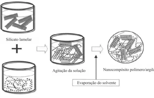 Figura 9: Esquemático representativo da obtenção de nanocompósito argila/polímero através  da polimerização em solução