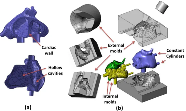 Figure 3 - Technique used to create the phantom mold. (a) Three different solids (LA, RA and external atrial wall) are  combined