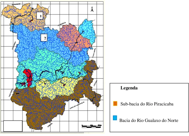 Fig. 1  – Mapa de Bacias Hidrográficas do Município de Mariana com destaque para as bacias que constituem o  distrito de Santa Rita Durão: 1 – Sub-bacia do Rio Piracicaba, 2 – Bacia do Rio Gualaxo do Norte