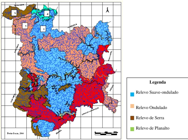 Fig. 2  –  Mapa de Unidades Morfológicas Territoriais do Município de Mariana (MG), com destaque para as  unidades que constituem o distrito de Santa Rita Durão: 1 – Relevo Suave-Ondulado, 2 – Relevo Ondulado, 3 – 
