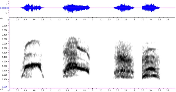 Figura  1.3.10  –  Oscilograma  e  espectrograma  de  um  latido  de  lobo-guará,  precedido  de  choro  repetitivo