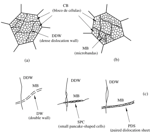 Figura 3.6 - Representação esquemática dos aspectos subestruturais de um metal durante a  deformação: (a) e (b) paredes de alta densidade de discordâncias DDWs,  microbandas MBs e blocos de células CBs, (c) morfologia das microbandas: double  wall DW, smal