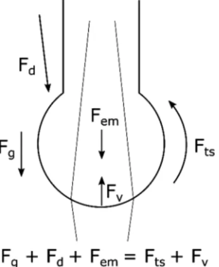 Fig. 1. Forces acting on a drop hanging from a wire during welding: F g – gravity; F d – plasma jet; F em – electromagnetic forces/Pitch effect; F ts – surface tension; F v – vaporization.