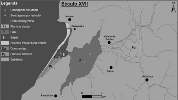 Fig. 8. Configuração provável da Lagoa da Pederneira no século XVII 