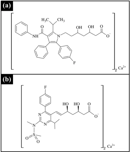 FIGURA 1.4 - Estrutura química da molécula de (a) atorvastatina cálcica e (b) rosuvastatina  cálcica