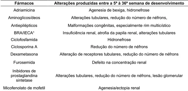 Tabela 1: Possíveis alterações promovidas por fármacos durante o período de desenvolvimento do 
