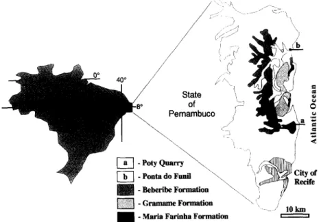 Fig.  I.  Location  map for  the  outcrops  of Poty Quarry (a,  UTM 9  152 000N/300  OOOE)  and Ponta do Funil  area  (b,  UTM   9  117 OOON/296  OOOE)