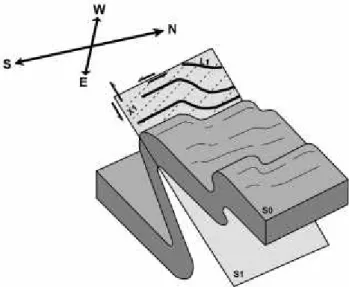 Fig. 3 – Representação esquemática ilustrando o modelo geométrico e cinemático proposto para as estruturas de primeira fase (adaptado de Araújo, 1995).