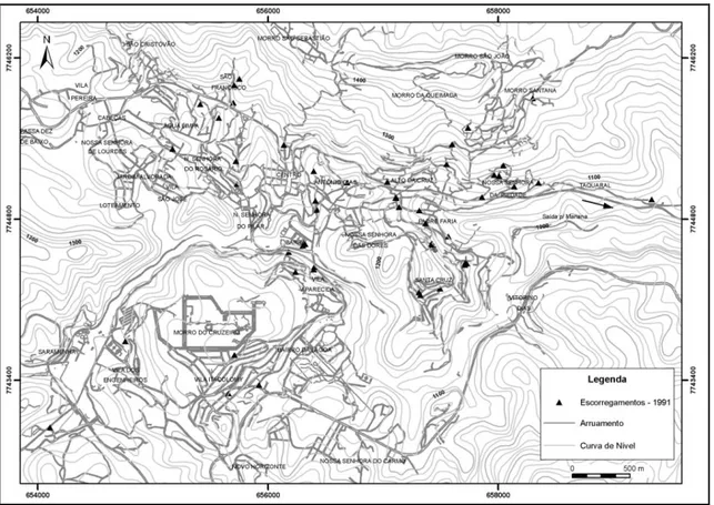 Figura 4.12  –  Mapa de Ouro Preto com os registros de movimentos de massa para o ano de 1991  4.4.3 -  Análise para o ano de 1992 