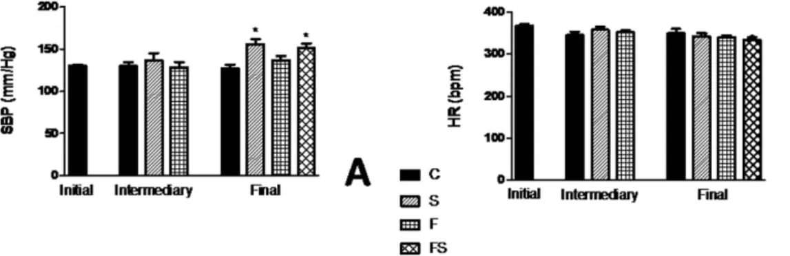 Figure 2.  Blood pressure change of fructose-fed rats on high-salt diet. Systolic blood pressure (A) and heart  rate (B)