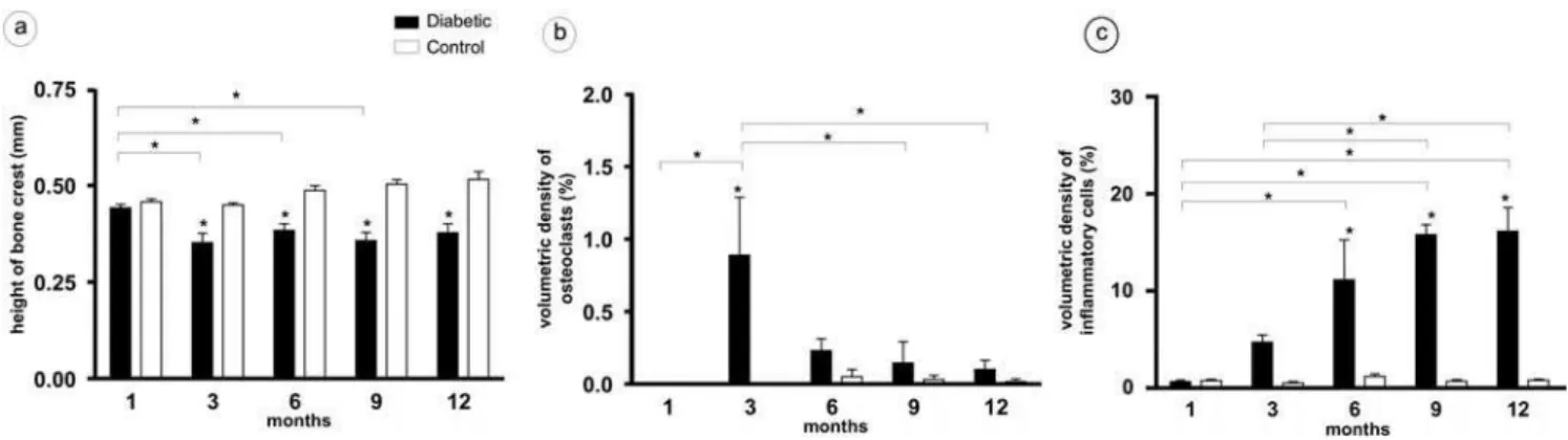 Figure 1. Increases of osteoclasts and inflammatory cells associated with alveolar bone loss in diabetic groups