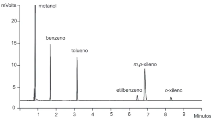 Figura  1.  Cromatograma  do  extrato  de  HS    de  uma  amostra  de  água    do  Ribeirão Tripuí contaminada com 100 µg L -1  de BTEX analisada por CG-DIC 