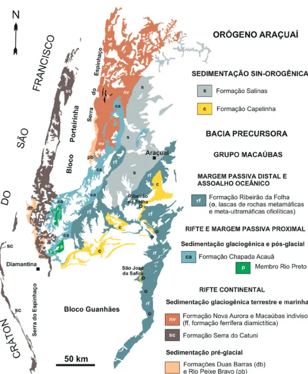 Figura 3. Distribuição de unidades da bacia precursora do Grupo Macaúbas e de formações sin-orogênicas do  Orógeno Araçuaí (modiﬁcado de CPRM-CODEMIG 2003).