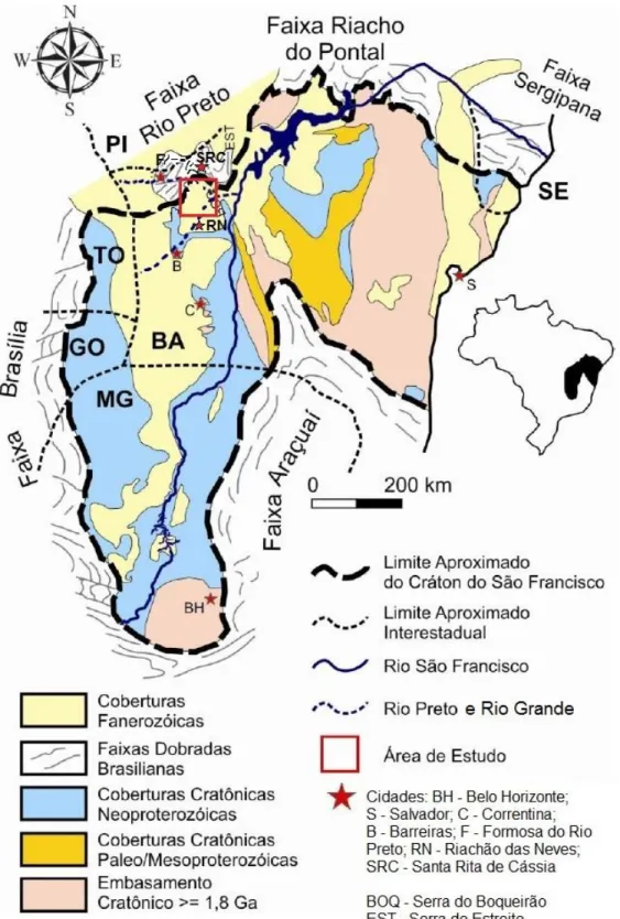 Figura 3.1 - O Cráton do São Francisco e suas faixas dobradas marginais. Adaptado de Alkmim (2004)