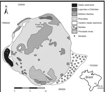 Fig. 1. Geological map of the Poços de Caldas alkaline complex (PC) in SE Brazil. The geology of the complex includes volcanic (breccia, tuff and agglomerate), effusive and hypabyssal (phonolite and tinguaite, respectively), and plutonic (mainly foyaite) r