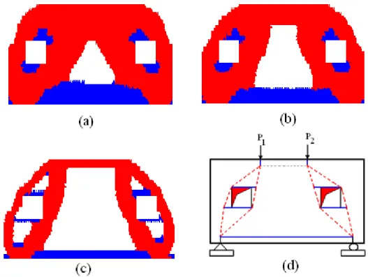 Figure 5. History of topologies of beam structure obtained by the present model: (a) topology at iteration 40  ( V f = 85.2%)  (b) topology at iteration 80  ( V f = 71.6%) c)  Optimal Topology  ( V f = 43.9%) , and d) Optimal 