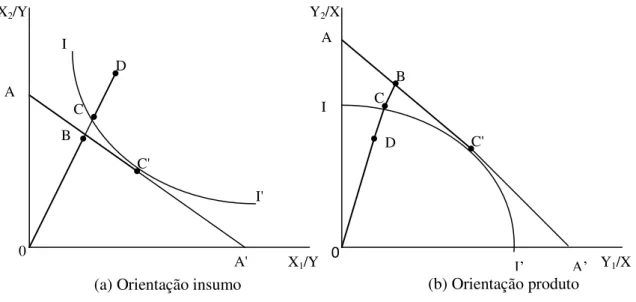 FIGURA 2 - Ilustração das medidas de eficiência técnica e alocativa, orientação insumo (a),  orientação produto (b) 