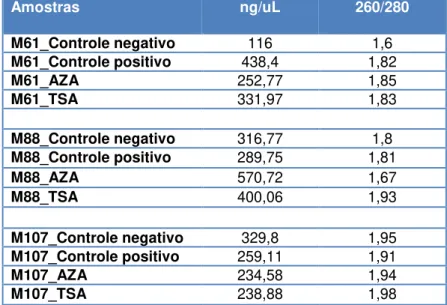 Tabela  3  -  Resultado  das  quantificações  e  das  razões  de  absorbância  260/280  nm  do  RNA  extraído  de  mioblastos bovinos