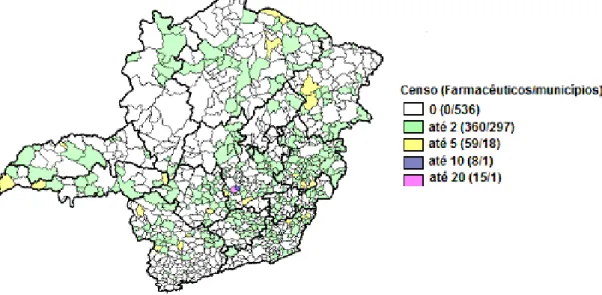 FIGURA  03-  Distribuição  dos  442  farmacêuticos  nos  317  municípios  de  acordo  com  o  Censo  de  Recursos Humanos da Atenção Primária do Estado de Minas Gerais, 2006