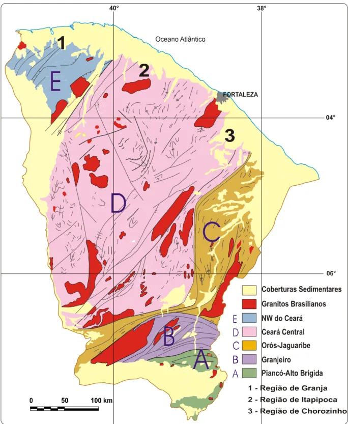 Figura 3.1: Principais Domínios dos Terrenos Pré-Cambrianos do Estado do Ceará (Fonte:  ARTHAUD et al., 1998) e as áreas de estudo: 1  Região de Granja (Verde Santa Cruz); 2  -Itapipoca (Verde Netuno) e 3 – Chorozinho (Verde Choró)