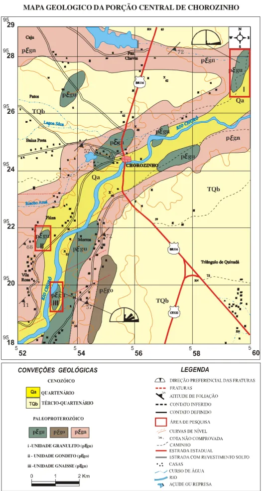 Figura 3.6: Mapa Geológico da região central de Chorozinho (Modificado de MORAES, 2000  e COSTA, 2003)