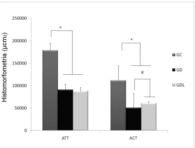 Figura 4. Resultados da morfometria. ATT: Área total tibial; ACT: Área cortical tibial; GC: grupo controle, GD: 