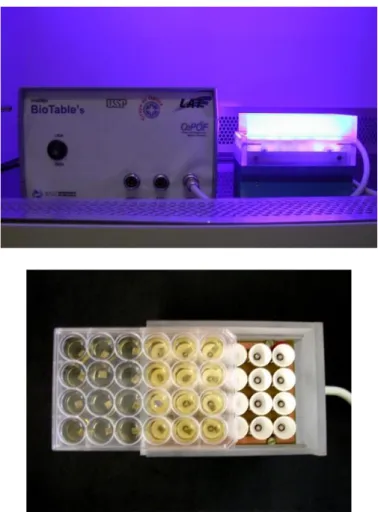 Figure 1  –  Photography of the 24-well blue Biotable and details of the metal plate  samples, placed in a 24-well microtiter plate, being put in place on the LED device