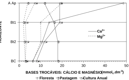 Figura 8  -  Valores de cálcio e magnésio de horizontes dos perfis-de-solo sob floresta,  pastagem e cultura anual