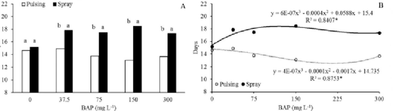 Figure 2. Vase life (days) of Anthurium andraeanum stems after pulsing or spraying with 6- 6-benzylaminopurine (BAP)