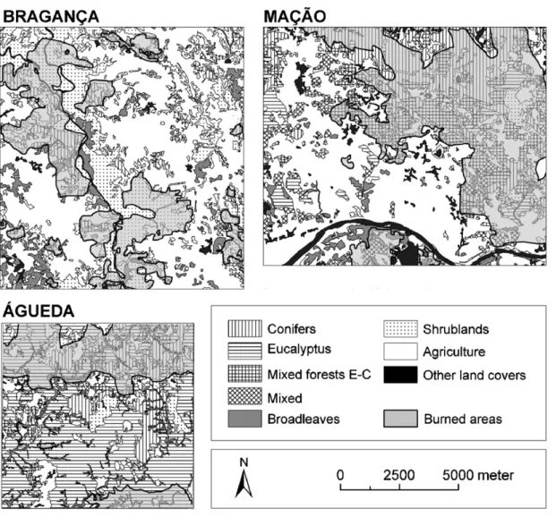 Fig. 2. Maps of the three study areas including information on land covers (in 1990) and areas burned  during the study periods.