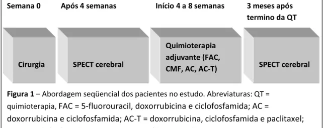 Figura 1 – Abordagem seqüencial dos pacientes no estudo. Abreviaturas: QT =  quimioterapia,  FAC = 5-fluorouracil, doxorrubicina e ciclofosfamida; AC = 
