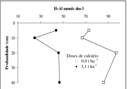 Figura 4. Efeito de doses de calcário sobre os teores de  H+Al, em diferentes profundidades, após 5  meses da calagem superficial