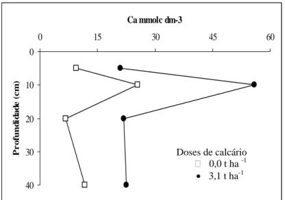 Figura 5. Efeito de doses de calcário sobre os teores de  Ca, em diferentes profundidades, após 5 meses  da calagem superficial