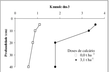 Figura 7. Efeito de doses de calcário sobre os teores de K,  em diferentes profundidades, após 5 meses da  calagem superficial