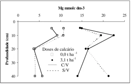 Figura 10. Comportamento de Mg, nas diferentes  profundidades, após 5 meses, com e sem  calagem superficial, em condições de solo  com (C/V) e sem vegetação (S/V)