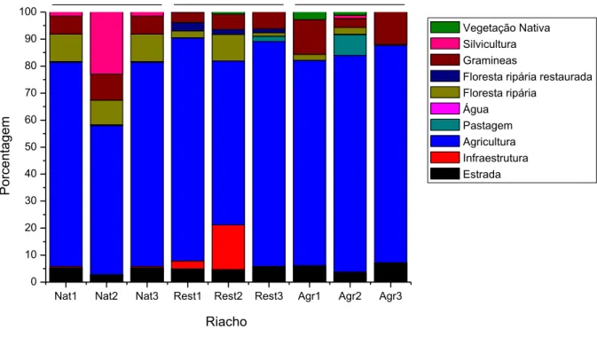 Figura  9.  Porcentagem  dos  tipos  de  uso  e  ocupação  do  solo  nas  bacias  dos  riachos  estudados