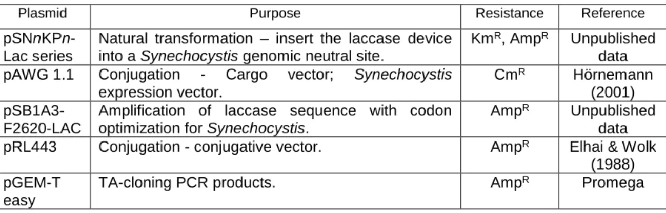 Table 1 – Plasmids used in this work 