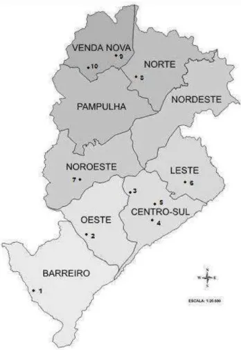 Figura 1. Distribuição geográfica das dez escolas sorteadas de acordo com as  regionais da cidade de Belo Horizonte