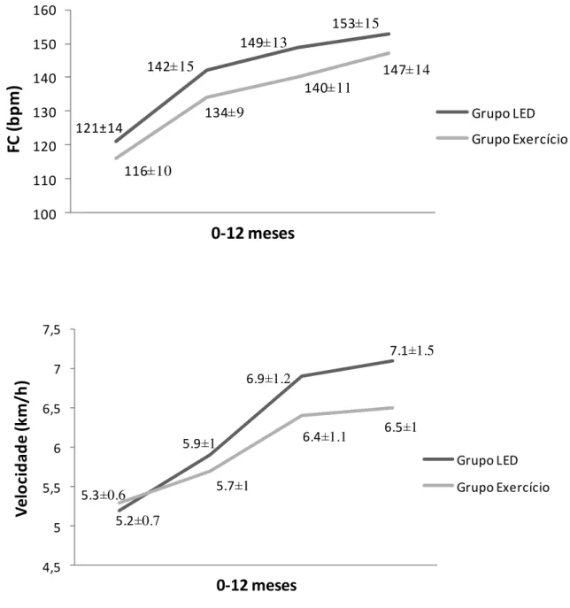 Figura  9:  FC  de  treinamento  e  velocidade  da  esteira  ergométrica  na  fase  de  adaptação (1 mês) e nos períodos de 2, 6 e 12 meses