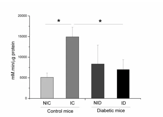 Figure 4.Catalase concentration levels in the skin of different groups: non-irradiated control (NIC), non-irradiated  diabetic (NID), irradiated control (IC) and irradiated diabetic (ID)