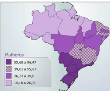 Figura  1.  Taxas  brutas  de  incidência  por  100  mil  mulheres,  estimadas  para  o  ano  de  2014,  por  estados  (Neoplasia  maligna  da  mama,  retirado  do  website  do  Instituto  nacional  do  Câncer-INCA